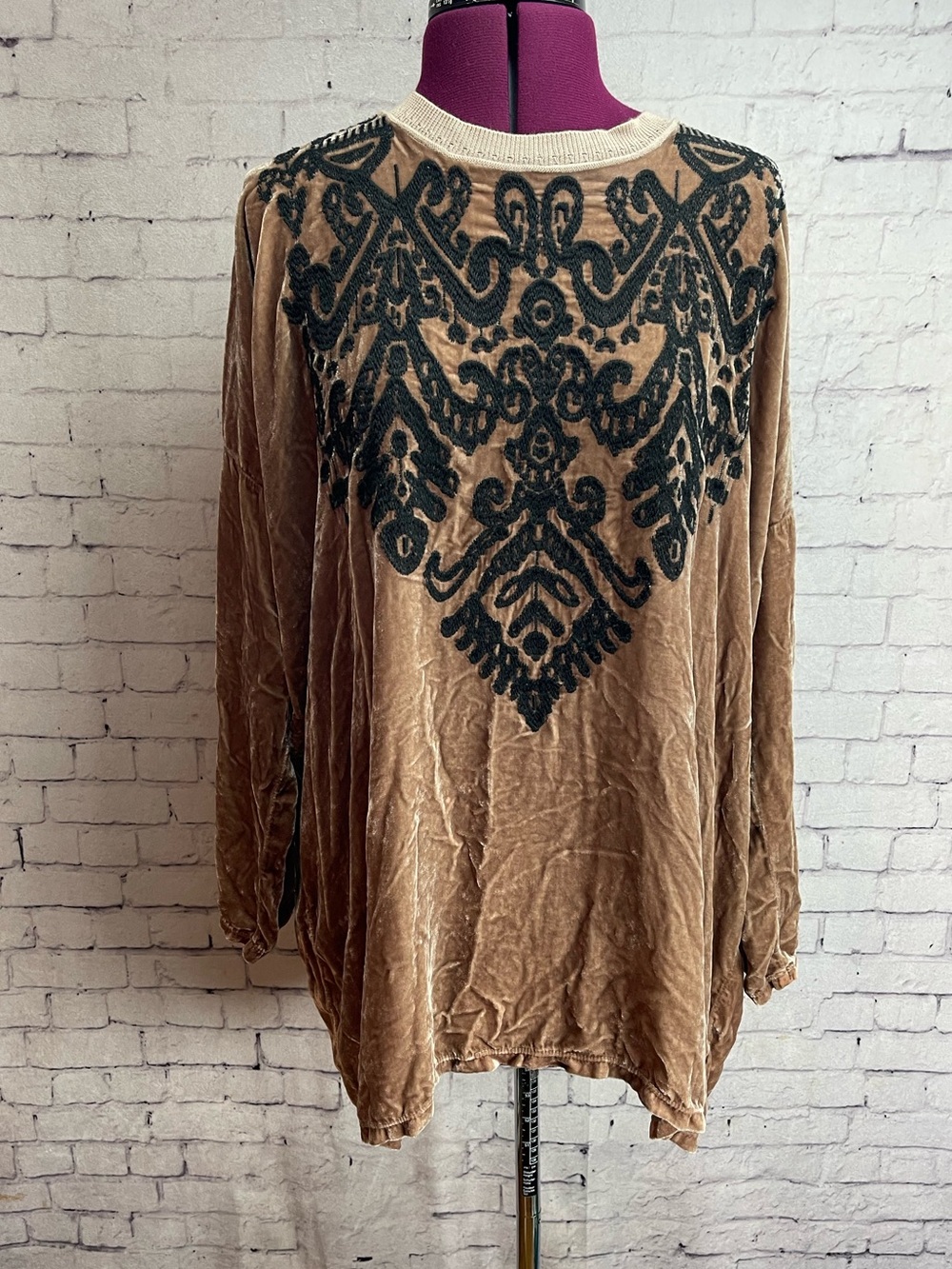 Johnny was size small tan velvet blouse with black embroidery